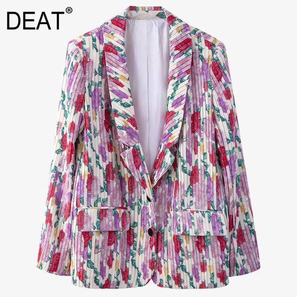 

[deat] fashion wrinkle french romantic v-neck collar single breasted flower printed casual suit jacket women spring gx1127 210428, White;black