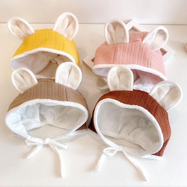

solid color protection baby hat plush infant toddler bonnet for girl boy autumn winter warm newborn beanie cap with ear, Yellow