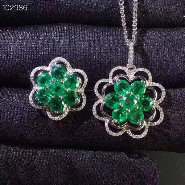 

flower natural and real emerald jewelry set 925 sterling silver 1pc pendant,1pc ring bracelet, earrings & necklace, Black