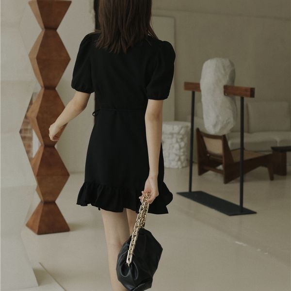 

casual dresses puff sleeve ruffle little black women v neck short tunic a line mini summer clothing 91tc, Black;gray