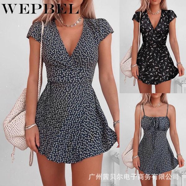 

mandylandy women elegant floral print high waist dress casual lady short puff sleeve v neck corset boho mini dresses, Black;gray