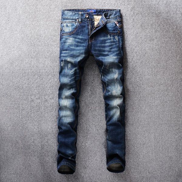 

men's jeans 2021 autumn winter fashion men dark blue color slim fit distressed ripped for streetwear classical homme