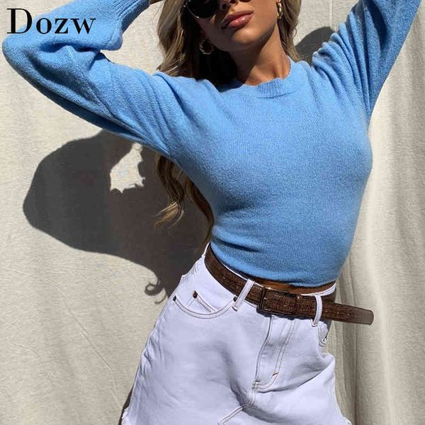 Moda azul pulôver camisola mulheres volta oco out laço para cima colheita superior feminino sólido o pescoço manga comprida casual jumper 210414