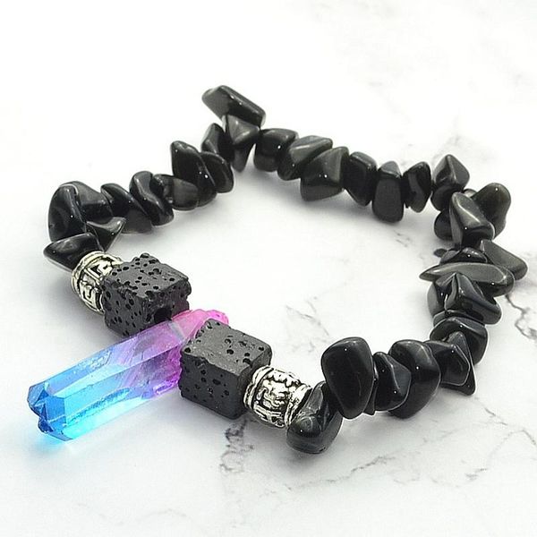

charm bracelets handmade jewelry accessories trendy crystal obsidian gravel lava rock stone beaded bracelet for fashion women gift 8mm, Golden;silver