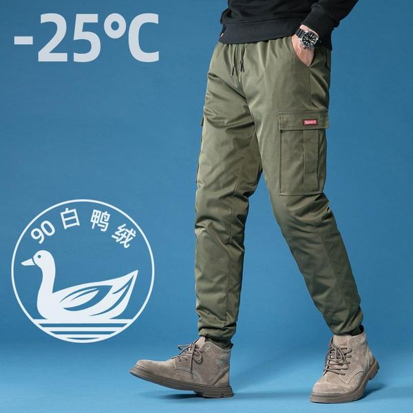 

winter down trousers men's warm knee pads multi pocket overalls thickened sports leggings white duck pants, Black