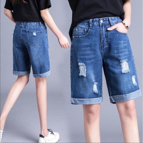 

#3008 sport short jeans women summer high waist elastic hole loose boyfriend korean style denim wide leg women's, Blue