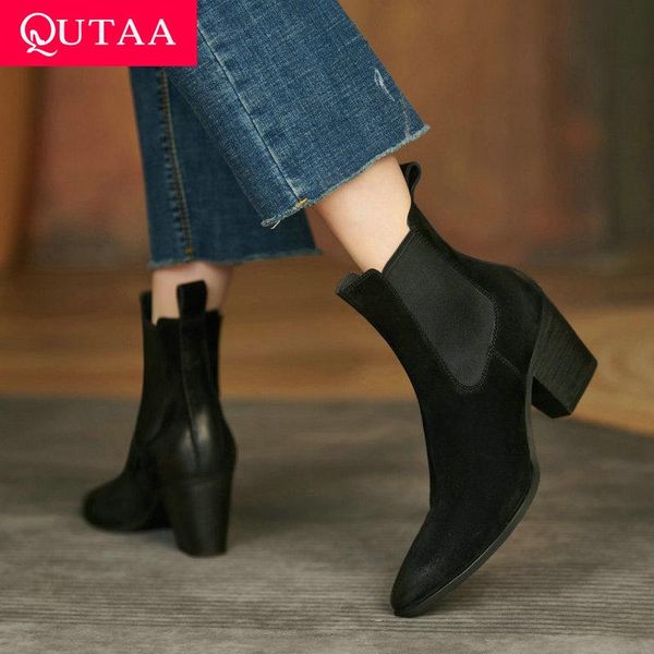 

boots qutaa 2022 ankle leather square high heel fashion short autumn winter pointed toe slip on women shoes size 34-39, Black
