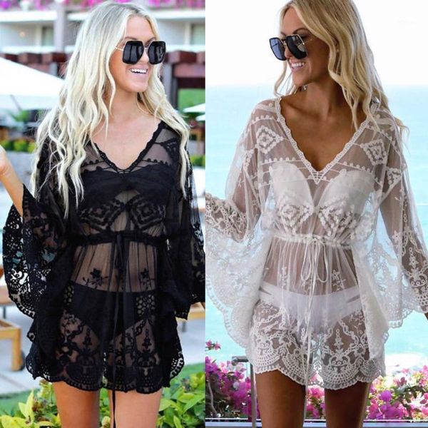 

women's beach cover up lace mesh embroidery bikini holiday dress summer ladies cover-ups bathing suit tunic swimwear, White;black