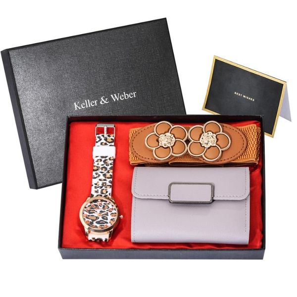 

wristwatches 4pcs/set geneva women watch leopard printing silicone band jelly gel ladies quartz wristwatch wallet belt luxury gifts sets, Slivery;brown