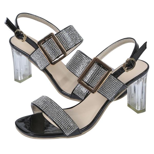 

sandals shiny crystal women summer ankle strap high heels open toe woman shoes party wedding transparent heeled, Black