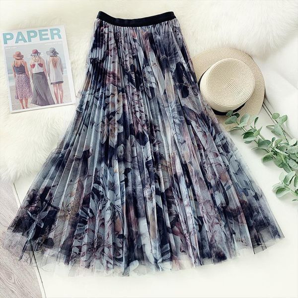 

vintage ink print summer womens skirt long floral pleated high waist a line skirts mujer faldas, Black