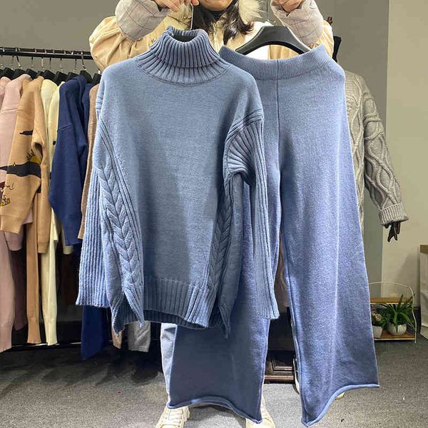 

women's two piece pants set of two pieces turtleneck high blend cashmere sweater and loose trousers solid suit knitting, White