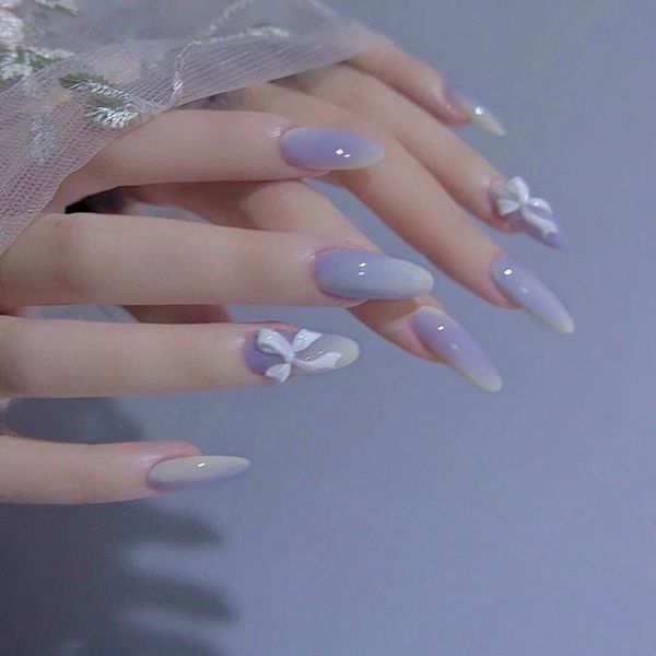 

false nails 24pcs almond full cover long nail art tools bow patch round head glue type removable paragraph fashion manicure, Red;gold