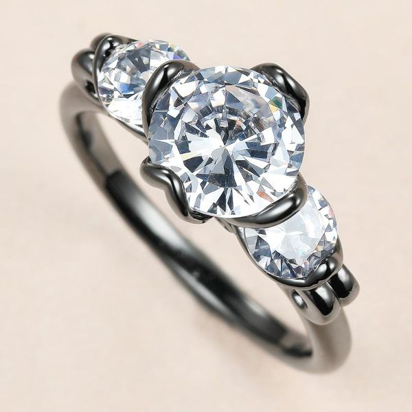 

punk female white round crystal ring charm 14kt black gold wedding rings for women men luxury bride zircon stone engagement, Slivery;golden
