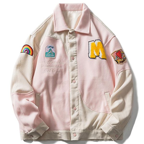 

men's jackets streetwear pink color block patchwork jacket 2021 autumn hip hop corduroy embroidery letter harajuku cotton coat, Black;brown