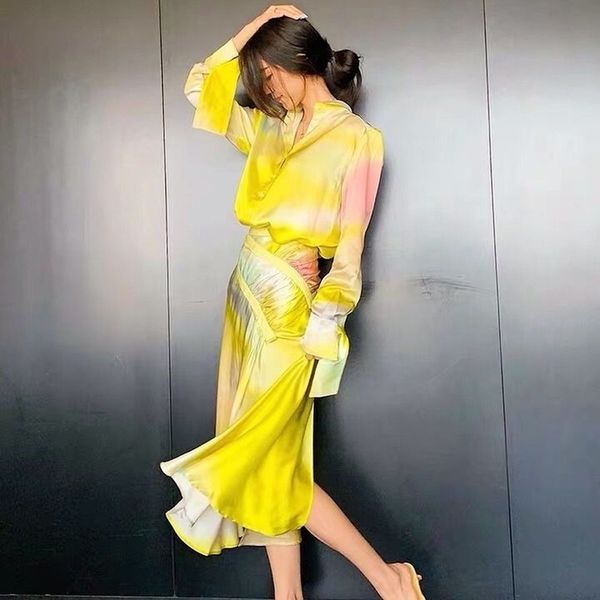 

autumn new chic women print silk 2 pieces sets korean ol vintage elegant turn-down collar shirts and skirts female suits 210330, White