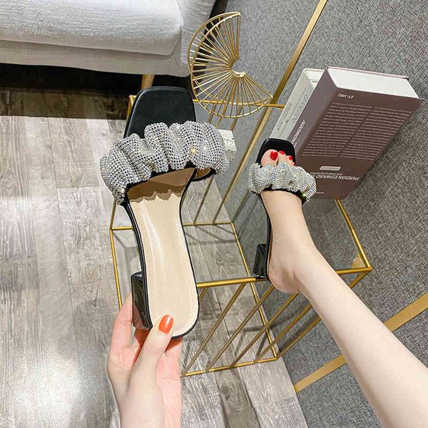 

2088-2 women's summer thick heel net red same rhinestone square head sandals, Black