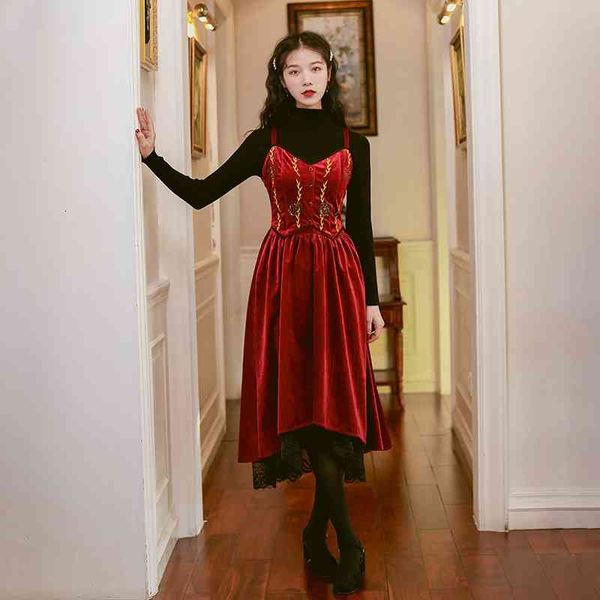 

skirts vintage style flower embroidery veet suspender skirt women autumn winter high waist lace lining ruffle long hlow, Black