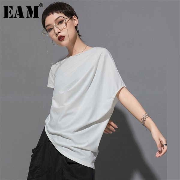 

[eam] spring summer round neck short sleeve black irregular fold pleated t-shirt women fashion jt616 210708, White