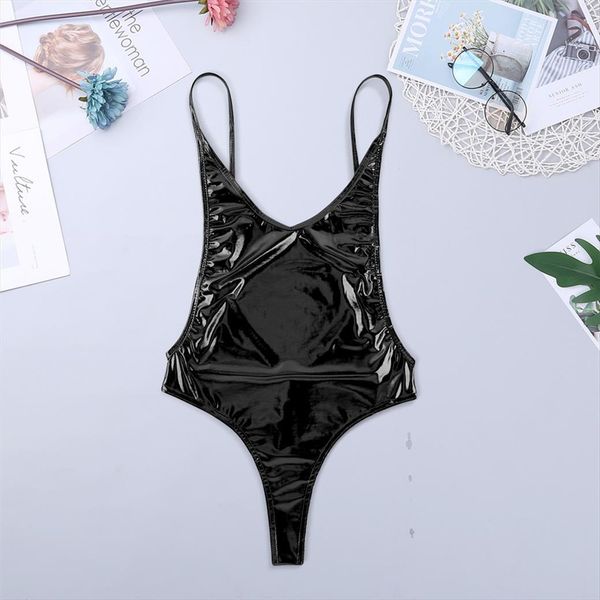 

shiny metallic bodysuit sleeveless women rompers patent leather high cut leotard swimsuit female club party, Black;white