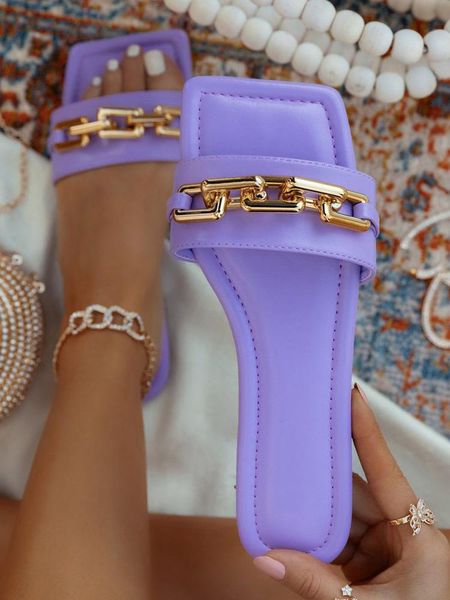 

slippers women's 2021 summer transparent chain luxury square head flat heel female plus size outdoor beach women slides sandals, Black