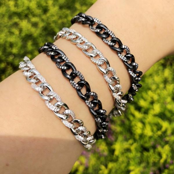 

link, chain female charm bracelet copper with cubic zirconia for women silver color cz punk link bangle fashion party jewelry, Black