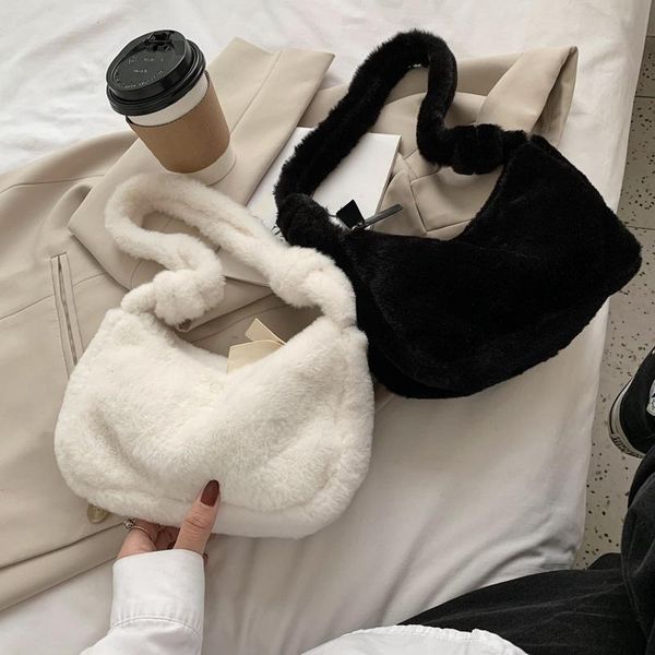 

fashion women shoulder underarm bag handbag 2021 winter solid color women's plush purse black white fluffy female totes duffel bags