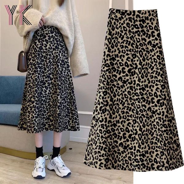 

skirts women long high waist leopard print party clubwear vintage casual pleated midi elegant clothing 2021, Black