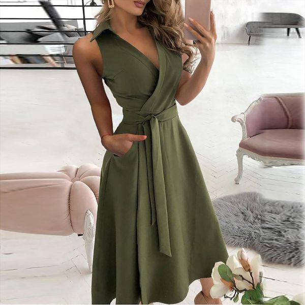 

solid color summer fashion polyester women dress v neck sleeveless lace ankle office f4, Black;gray