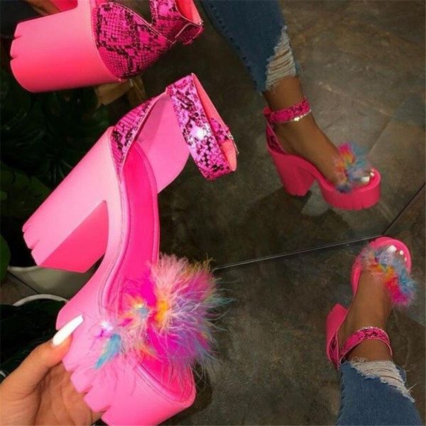 

sandals fashion women shoes sandalias mujer summer female buckle strap furry chunky high heel girls nightclub party n11t, Black