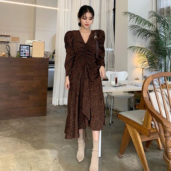 

casual dresses leopard dress v neck female, Black;gray