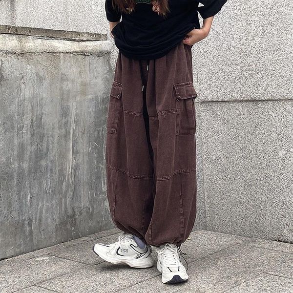 

women's pants & capris 2021 korean cotton casual trousers japanese retro loose wide-leg denim overalls straight men and women trend, Black;white