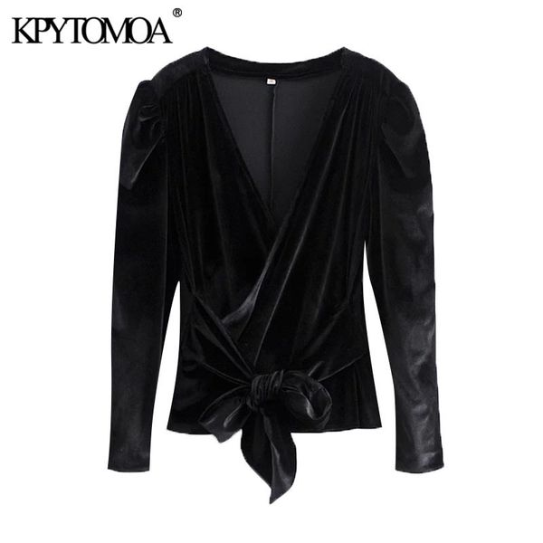 

women fashion with bow tied velvet blouses vintage wrap v neck long sleeve female shirts blusas chic 210416, White