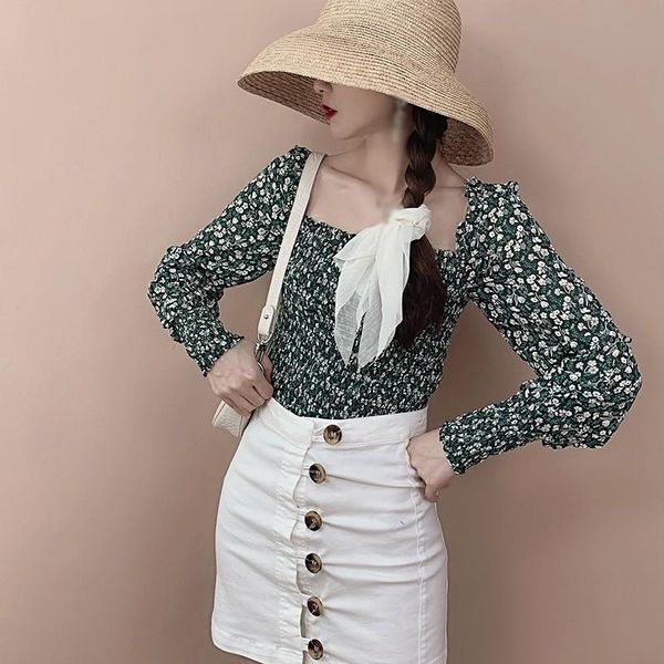 

women's blouses & shirts floral square collar vintage sweet exposed navel long sleeve chiffon shirt,, White