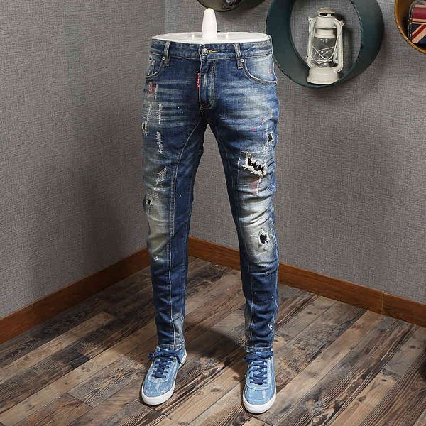

jeans fashion streetwear retro blue destroyed ripped men slim fit baggy pants italian style hip hop jeans