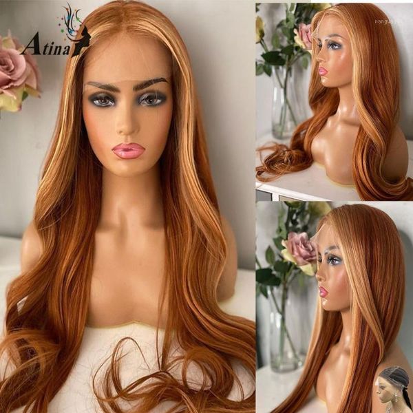 

pre plucked human hair wig bleach knots remy ombre orange ginger highlight colored straight transparent lace part wigs atina 1801, Black;brown