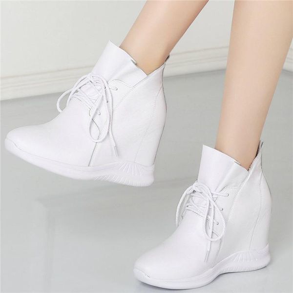 

dress shoes 2021 fashion sneakers women lace up genuine leather high heel platform pumps female round toe wedges trainers casual, Black