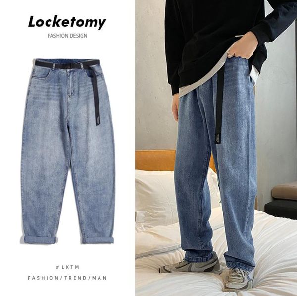 

lktm men's loose straight daddy jeans trendy comfortable casual feeling washed mopping wide leg pants, Blue