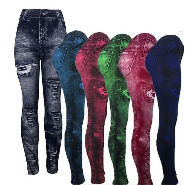 

women's leggings women imitation denim slim pocket high waist hip lifting female pants multi color, Black