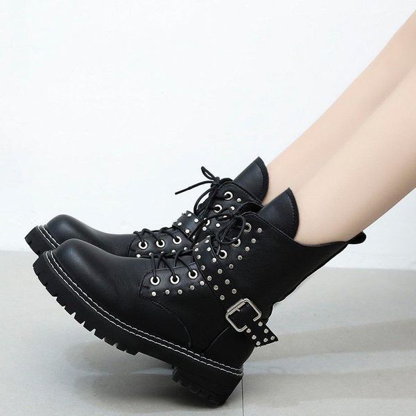 

rivet autumn boots women platform black leather gothic punk style combat for shoes