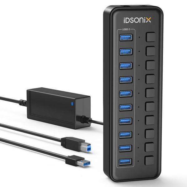 

hubs idsonix usb 3.0 hub 10-port 12v / 2a powered with individual switches aluminum alloy splitter for pc computer