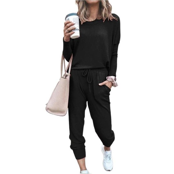 

women's two piece pants 2022 spring&autum sets women casual pieces long sleeve t-shirts and high waist drawstring solid outfits tracksu, White