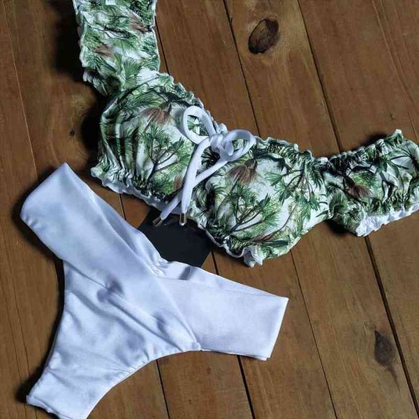 

women off shoulder bandage bikinis push up padded bikini set bandeau print swimsuit mid waist swimwer female beachwear, White;black