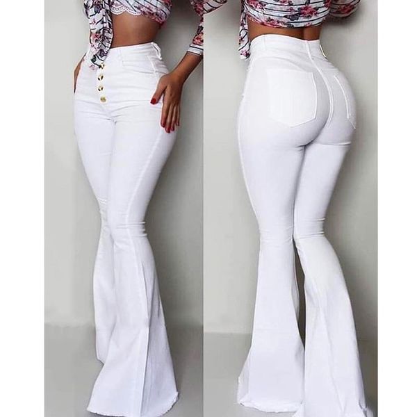 

fashion button buttoned bell bottom womens pant high waist solid slim fit white flare summer elegant workwear patalon femme, Black;white