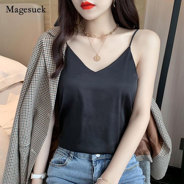 

women's blouses & shirts summer fashion solid v-neck satin sleeveless silk blouse for women style elegant loose blusa 16173, White