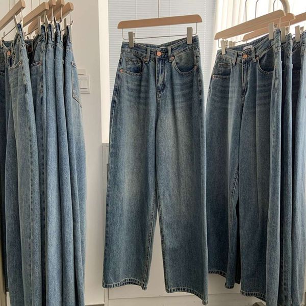 

in autumn high waist loose thin tube wide leg washed women's fashion, Blue