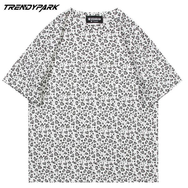 

men's hip hop tshirts little hearts leopard pattern short sleeve shirts streetwear harajuku casual cotton t-shirt summer 210601, White;black