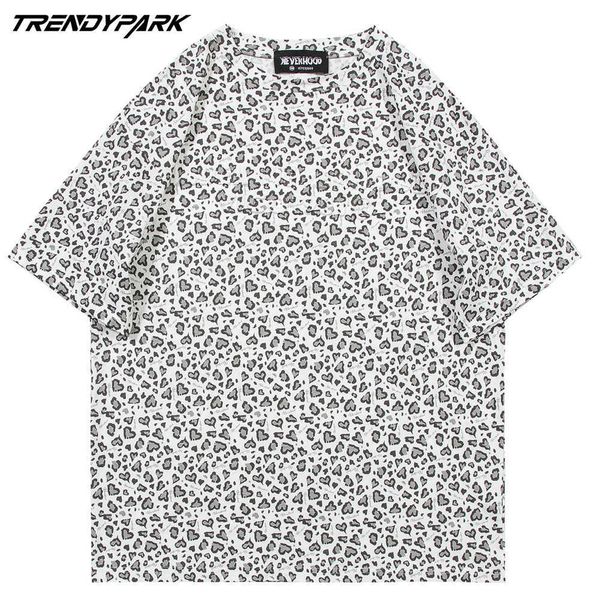 Erkek Hip Hop Tişörtleri Küçük Kalpler Leopar Desen Kısa Kollu Gömlek Streetwear Harajuku Rahat Pamuk T-shirt Yaz Tops 210601