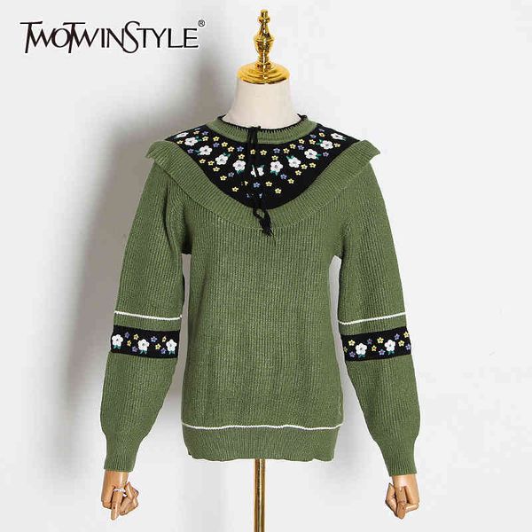 

green embroidery sweater for women o neck long sleeve patchwork vintage female sweaters autumn 210524, White;black