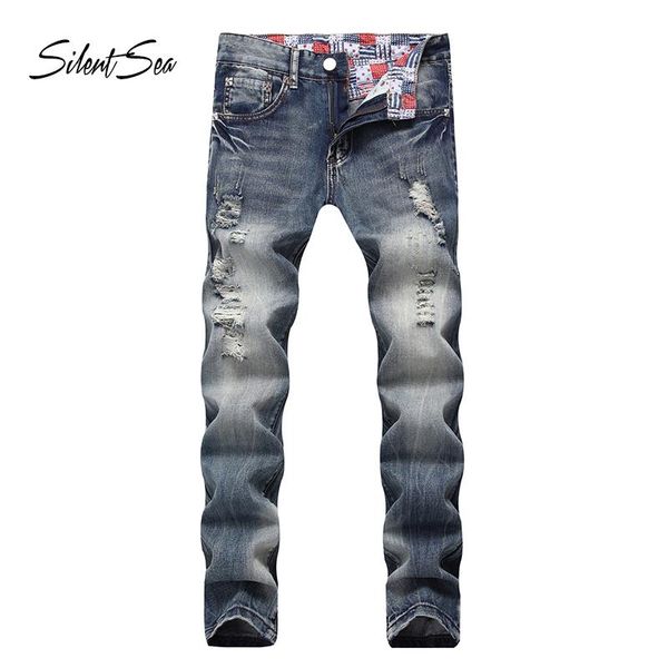 

silentsea fashion biker jeans button pants trendy designer mens blue color straight ripped for men men's